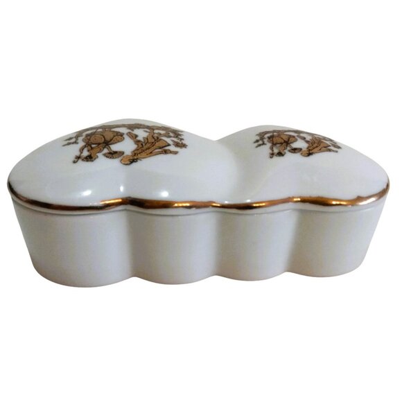 Vintage 1950's Porcelain-Double Heart Shaped-Gold Trim-Lady Angela Trinket Box - Picture 8 of 12